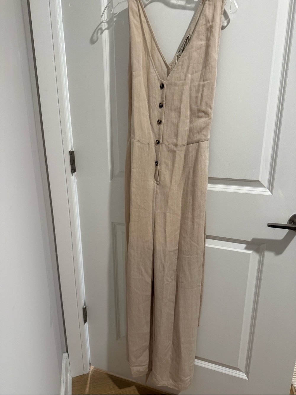 Beige Button-Front Linen Jumpsuit